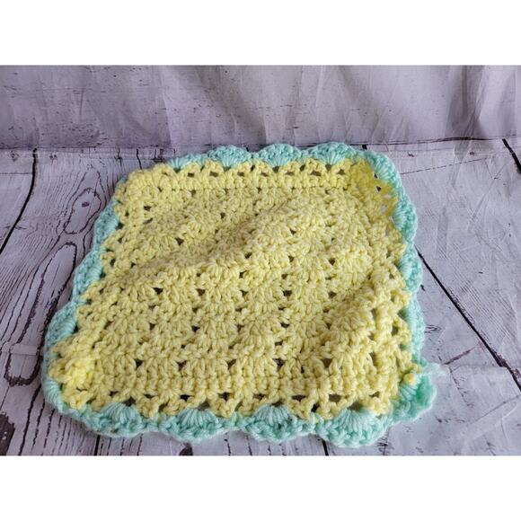Crocheted Yellow Mint Green Baby Doll Blanket About 11x11in Handmade? - Picture 1 of 5